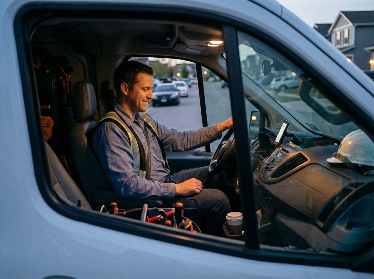 A technician in his service van, on the way to a job